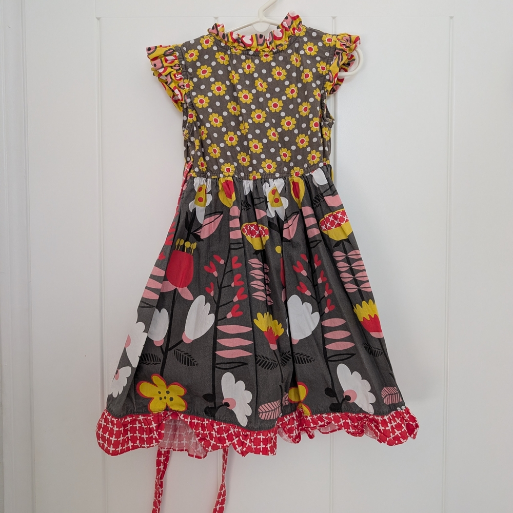 Jelly The Pug 4T Brown Floral Wrap Dress with Pink and Yellow Accents - Picture 3 of 4